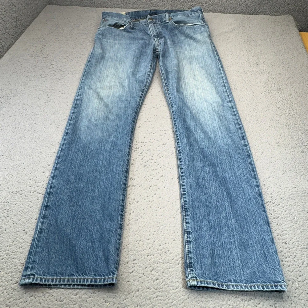 Polo Ralph Lauren Jeans Mens 36x32 Blue Distressed Straight Leg RL Logo Denim